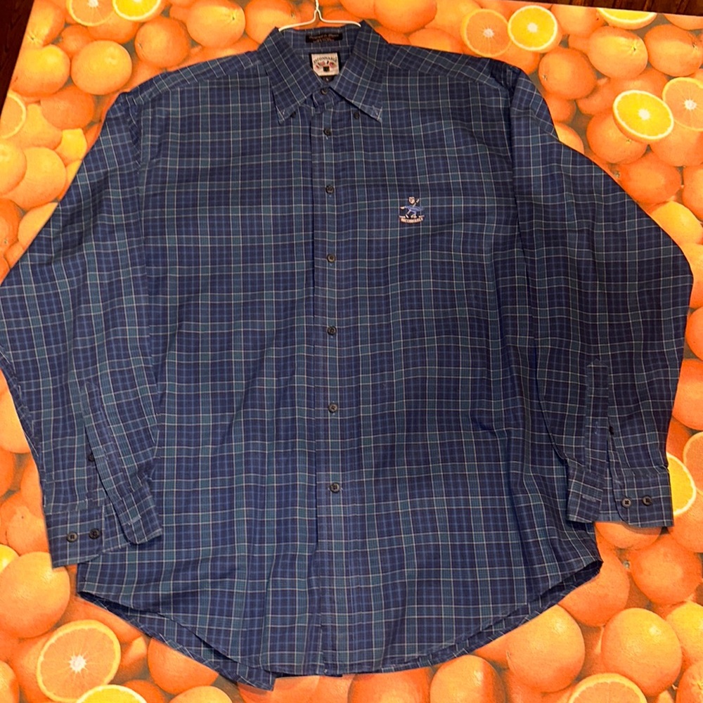 Men Large blue and green plaid button up